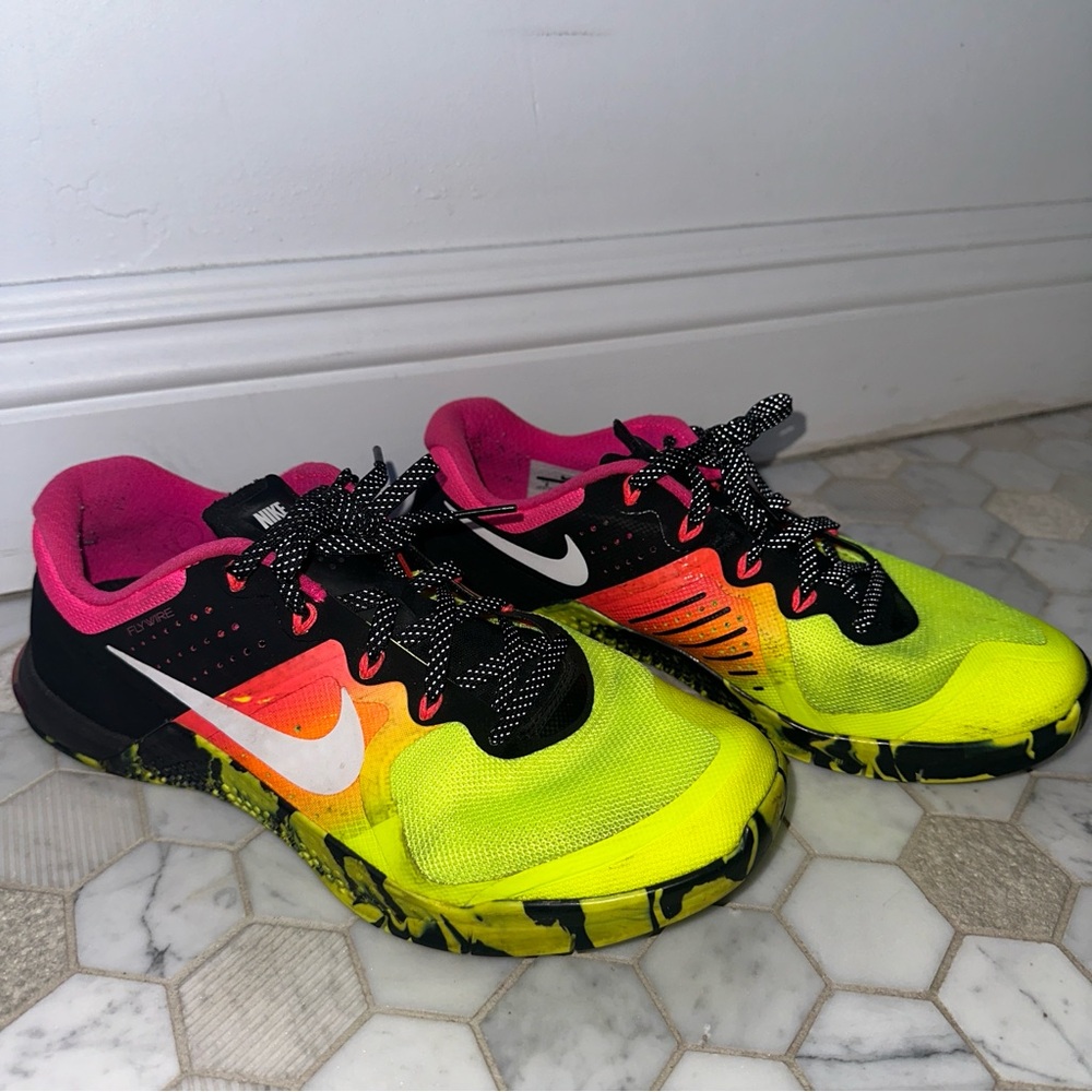 Nike Neon Yellow and Pink Metcon Shoes